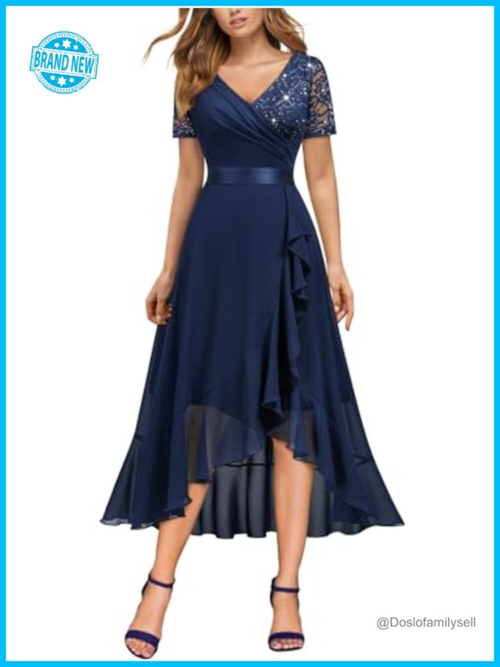 V-Neck Sequin Lace Chiffon Ruffle Slit Evening Party Formal Dress